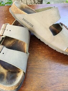 Birkenstock Arizona Sandals Oiled Leather Two Strap Buckle Slide Stone Gray